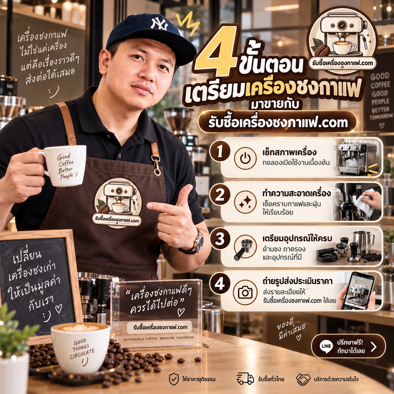 4 ขั้นตอนเตรียมเครื่องชงกาแฟก่อนขาย ตรวจสภาพ ทำความสะอาด เตรียมอุปกรณ์ และส่งรูปประเมินราคา