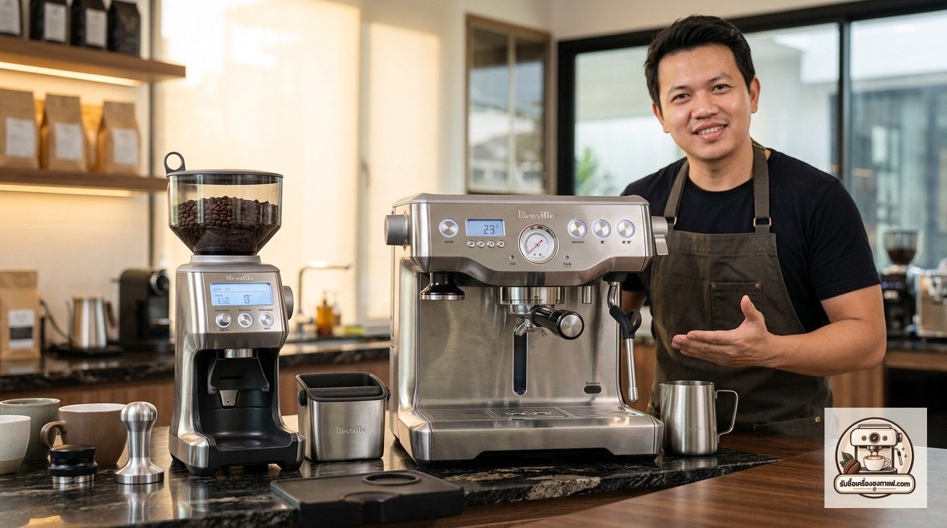 รับซื้อเครื่องชงกาแฟ Breville Dynamic Duo ภาพสินค้าและพรีเซนเตอร์